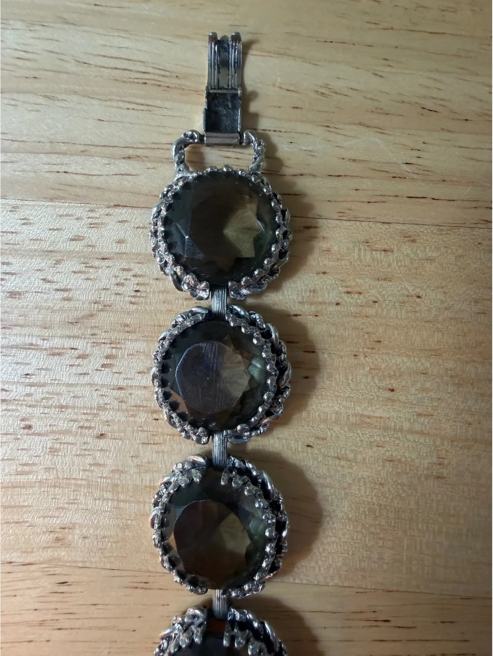 Vintage Style Silver Tone Bracelet with Faceted Smoky Glass Stones